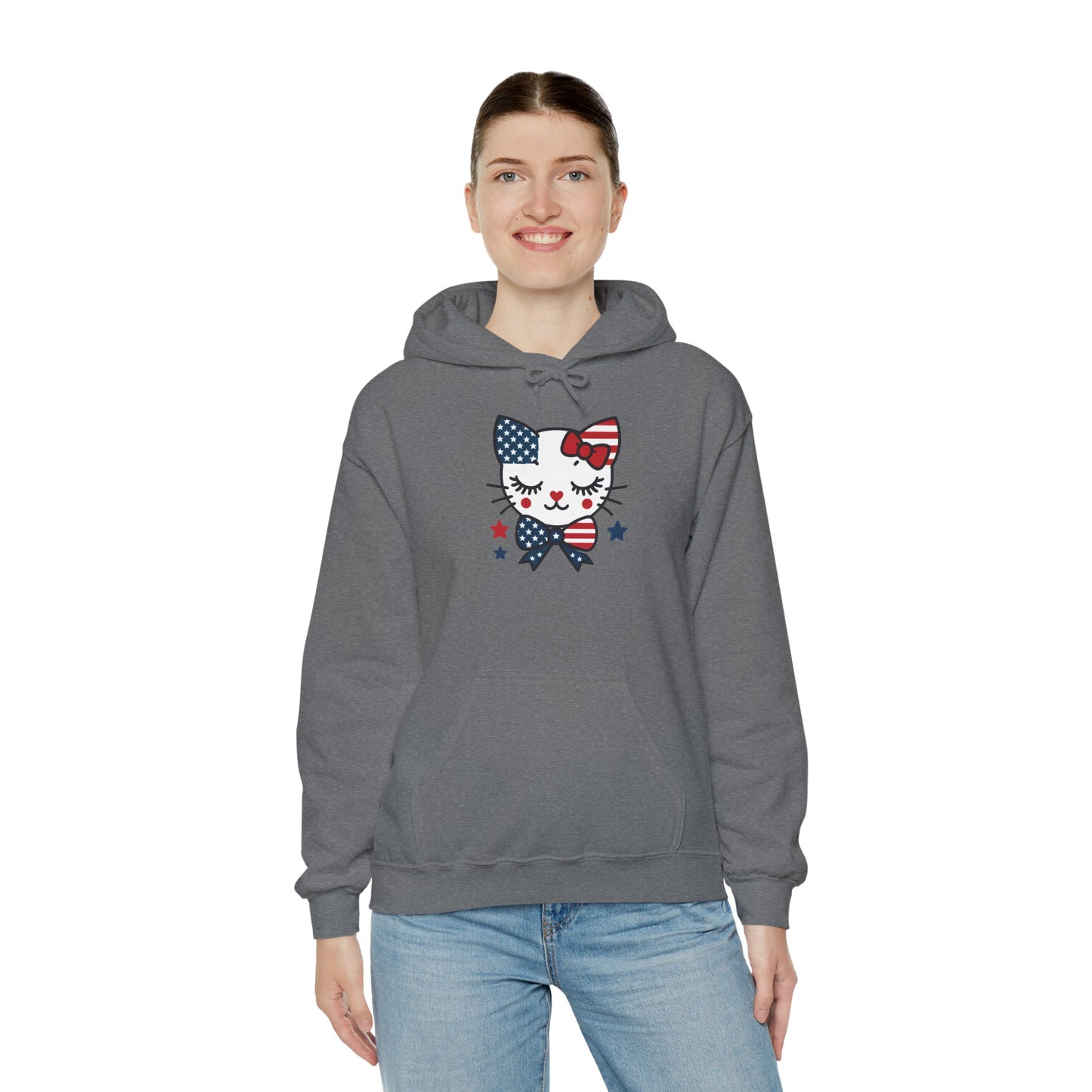 Cute Cat Patriot Women's Hoodie, Women's Heavy Blend Sweatshirt, Gift for Cat Lovers, 4th of July Apparel, Perfect for Independence Day