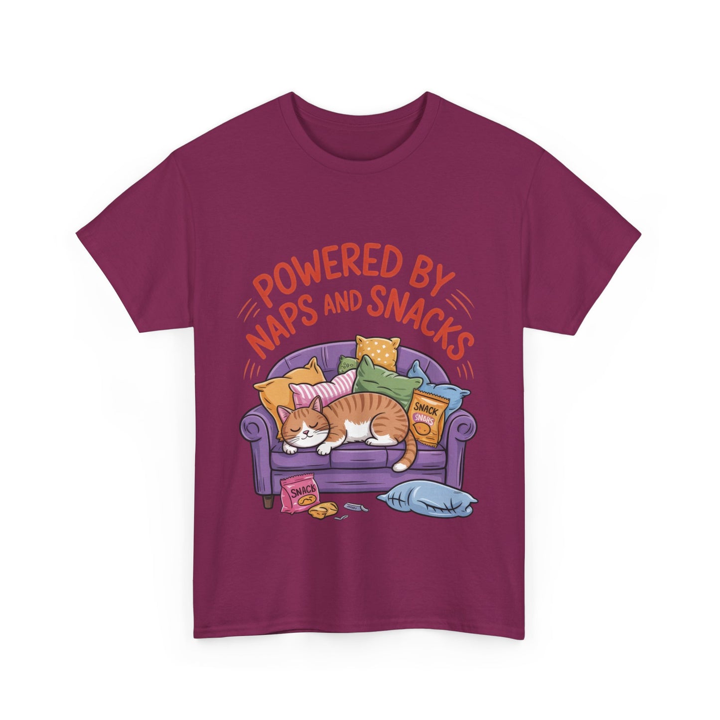 Powered by Naps and Snacks Cat T-Shirt, Funny Lazy Cat Lover Womens Tee, Cute Humor Shirt, Cozy Gift for Her, Cozy Cat Lover T-Shirt