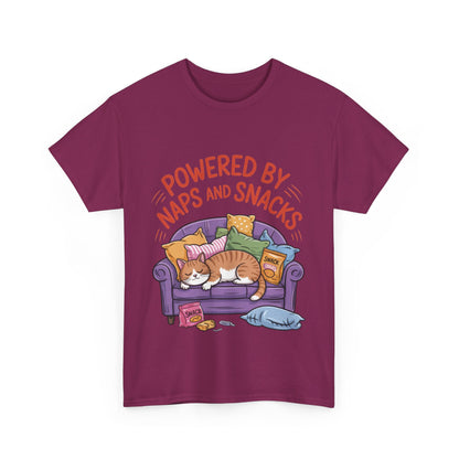 Powered by Naps and Snacks Cat T-Shirt, Funny Lazy Cat Lover Womens Tee, Cute Humor Shirt, Cozy Gift for Her, Cozy Cat Lover T-Shirt