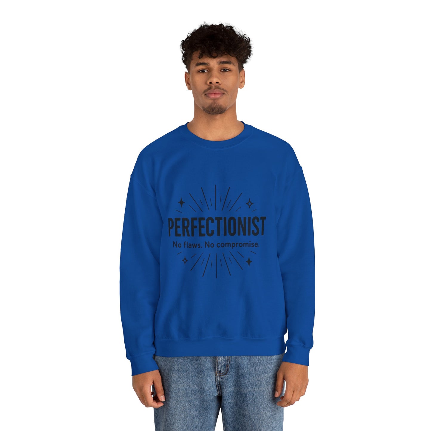 Men's Perfectionist Sweatshirt, Bold No Flaws No Compromise Design, Clean Look Funny Gift for Him, Minimal Black Graphic Pullover