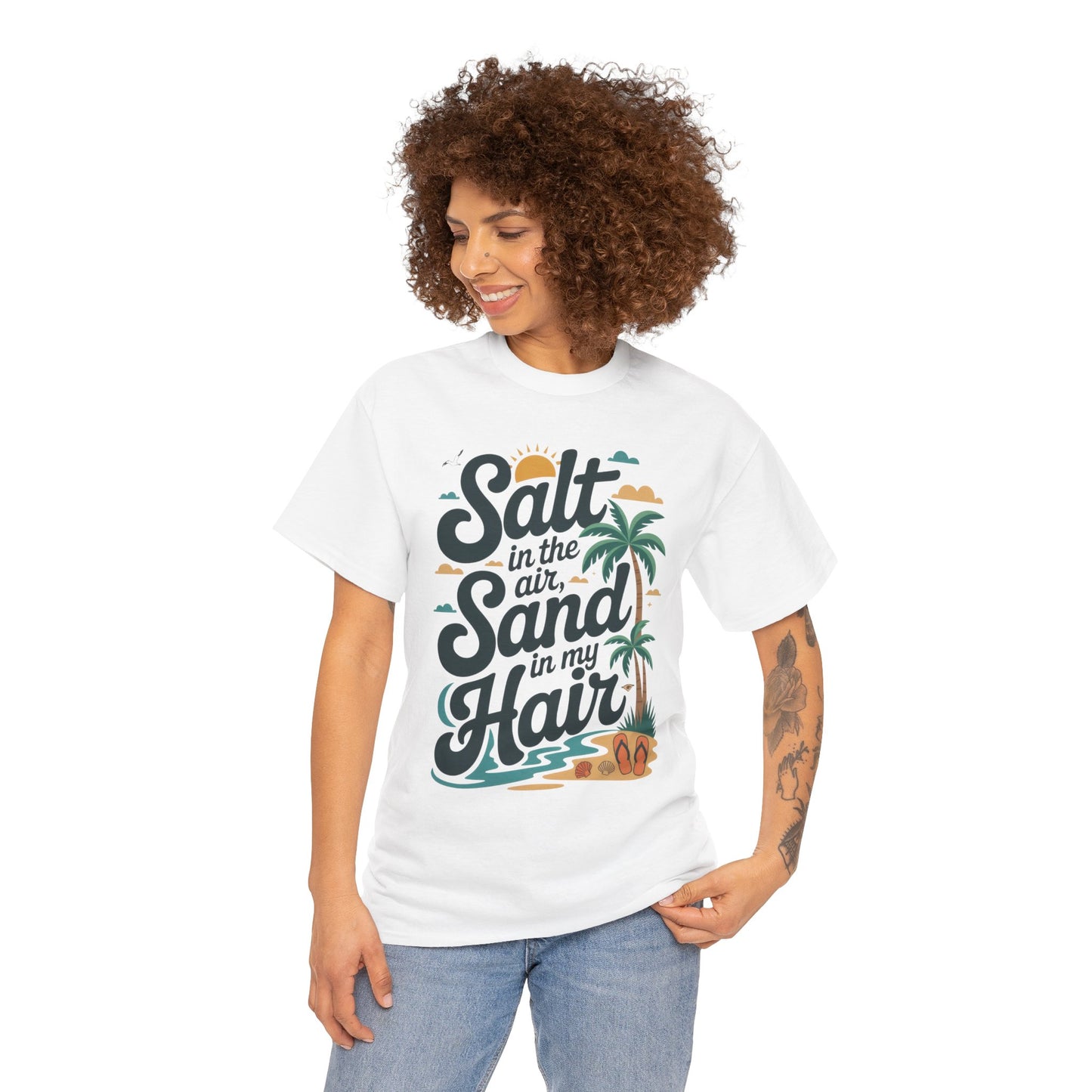 Salt in the Air Sand in My Hair Shirt, Beach Summer Vibes Graphic T-Shirt, Tropical Ocean Palm Design, Ocean-Themed Shirt, Gift Beach Lovers