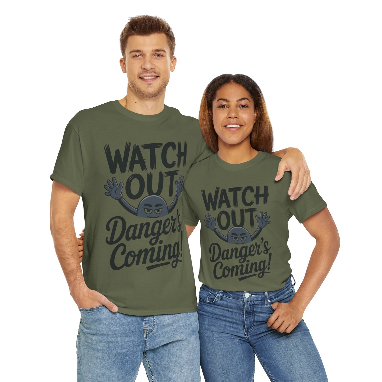 Funny "Watch Out" Cartoon Character T-Shirt, Sketch Style Unisex Heavy Cotton Tee, Minimalist Humorous Graphic Tee, Gift for Him/Her