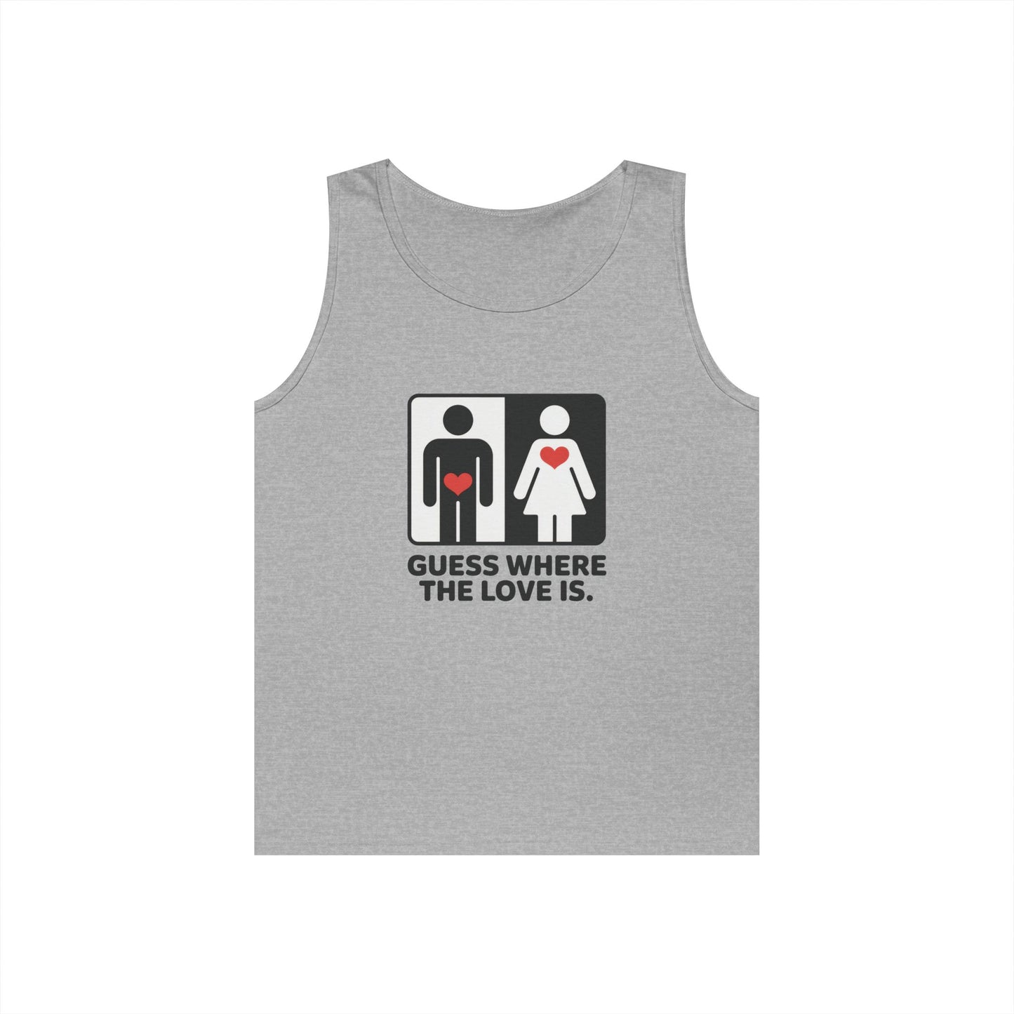 Cute Guess Where The Love Is Mens Tank, Couples Gift, Valentines Day Gift, Relationship Humor Shirt, Funny Tank for Him, Bold Love Joke Tank