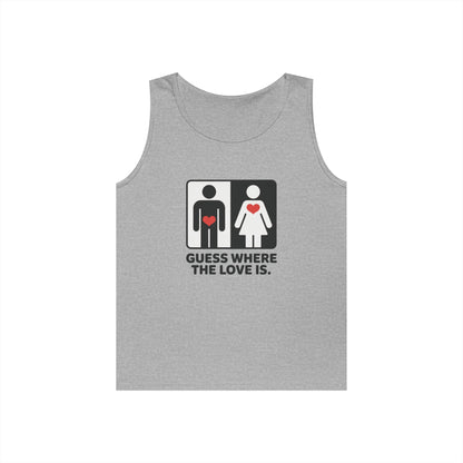 Cute Guess Where The Love Is Mens Tank, Couples Gift, Valentines Day Gift, Relationship Humor Shirt, Funny Tank for Him, Bold Love Joke Tank