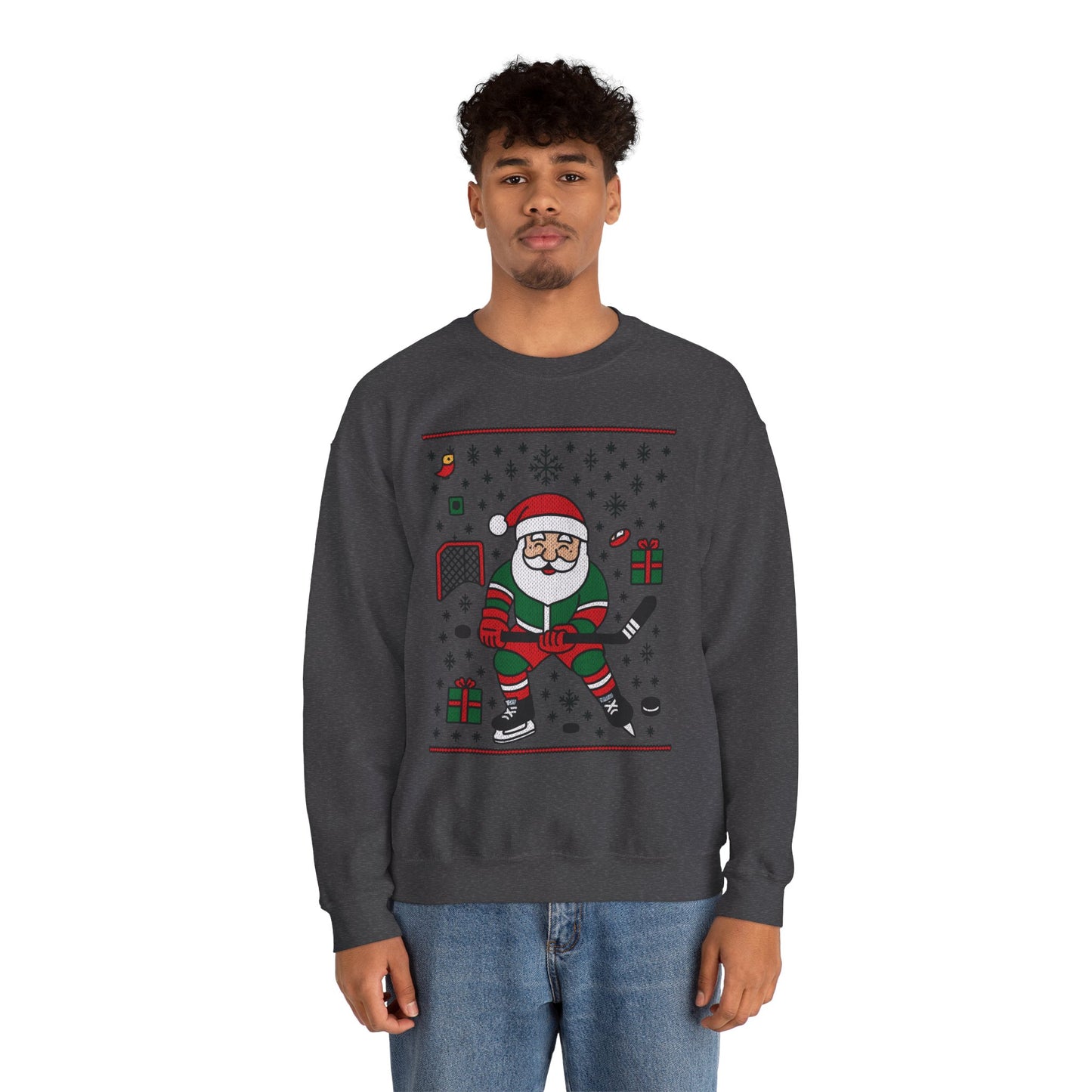 Hockey Santa Men's Christmas Sweatshirt, Funny Sports Holiday Jumper