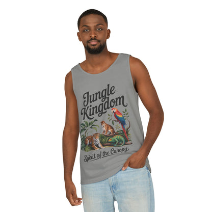 Jungle Kingdom Tank Top, Mens Garment-Dyed Sleeveless Shirt, Spirit of the Canopy Tee, Summer Outfit, Eco-Friendly Casual Wear