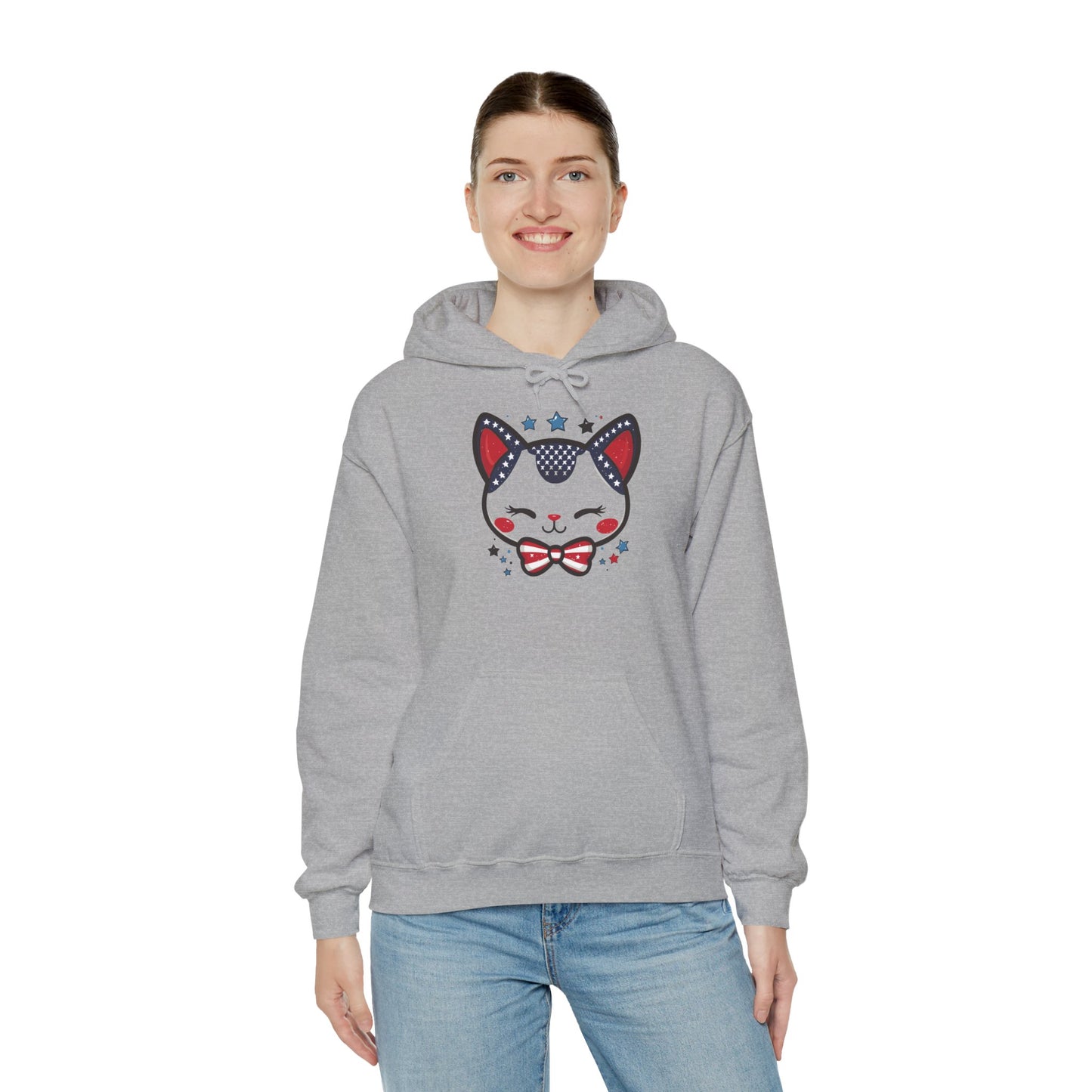 Cute Patriotic Cat -Themed Women's Hoodie, for Cat Lovers, Cute Gift for Pet Owners, Cozy Sweatshirt for All Seasons, Fourth of July Hoodie