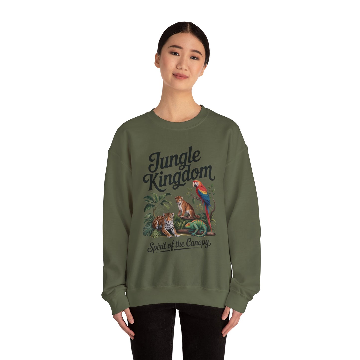 Jungle Kingdom Womens Sweatshirt, Cozy Jungle Crewneck, Nature Lover Gift, Wildlife Artwork, Eco-Conscious Apparel, Animal Enthusiast Clothing
