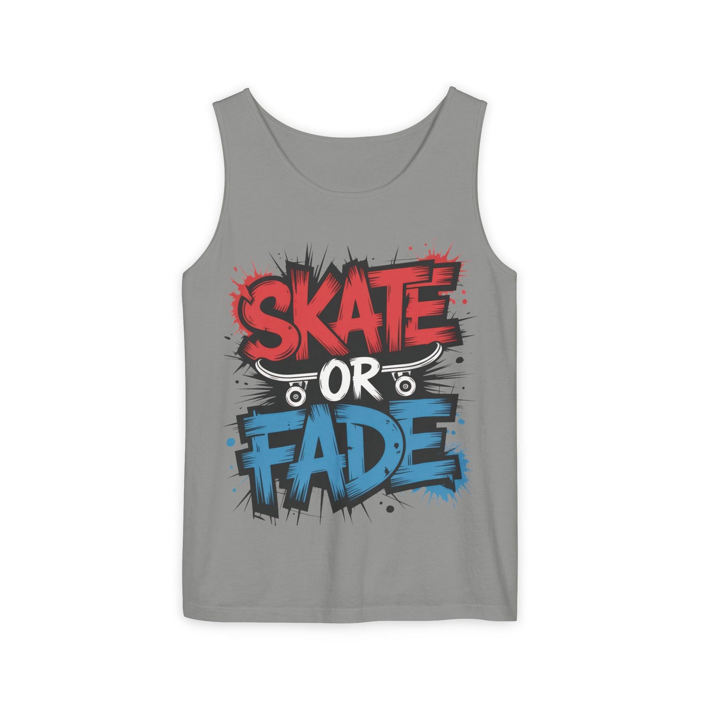 Skate Or Fade Men's Tank Top, Graffiti Skateboard Graphic Muscle Shirt, Urban Streetwear Sleeveless Top, Men's Garment-Dyed Tank Top