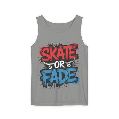 Skate Or Fade Men's Tank Top, Graffiti Skateboard Graphic Muscle Shirt, Urban Streetwear Sleeveless Top, Men's Garment-Dyed Tank Top