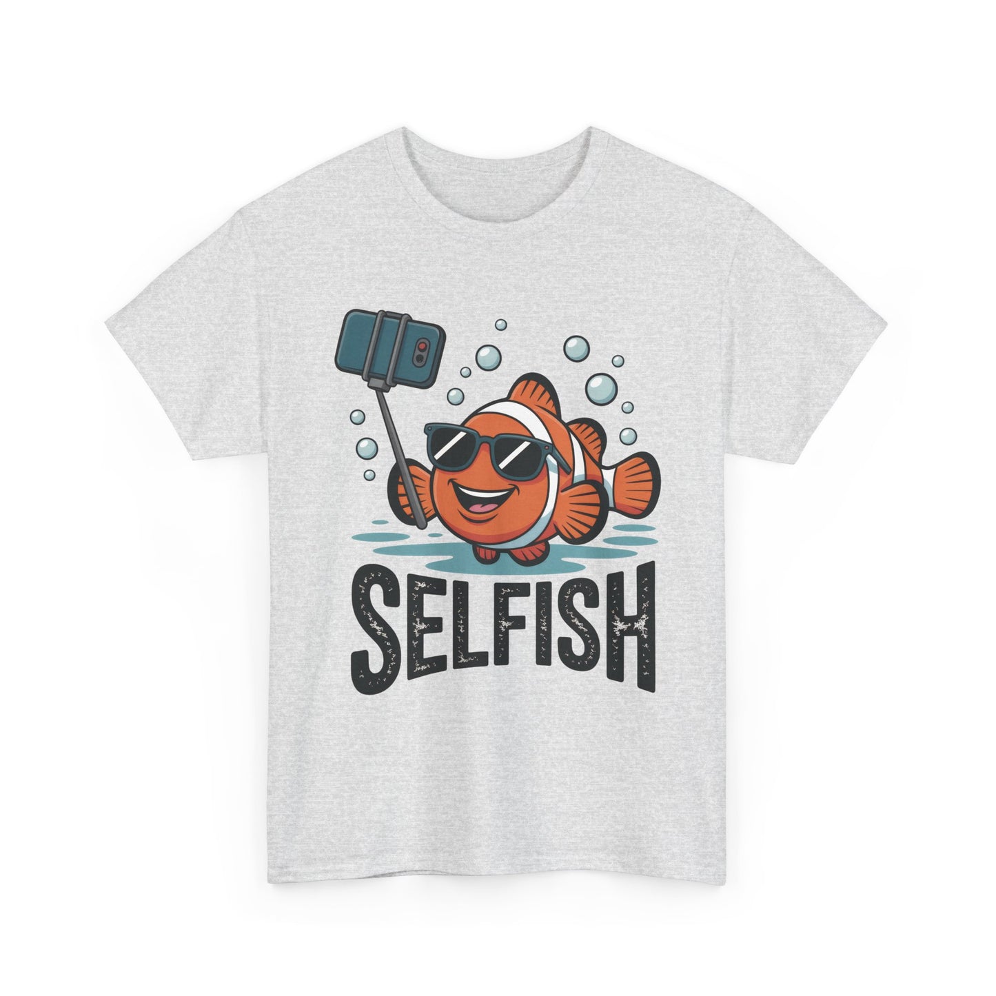 Unisex Heavy Cotton Tee, Mens Selfish Funny Fish T-Shirt, Cute Selfie Graphic Tee, Ocean Humor Shirt