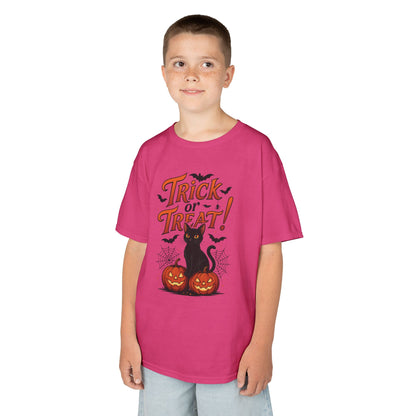 Cute Trick or Treat Black Cat T-Shirt for Girls Boys, Fun Spooky Halloween Tee, Pumpkin Cat Shirt for Kids, Fall Party Outfit