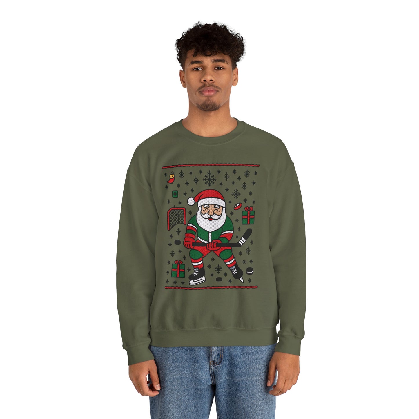 Hockey Santa Men's Christmas Sweatshirt, Funny Sports Holiday Jumper