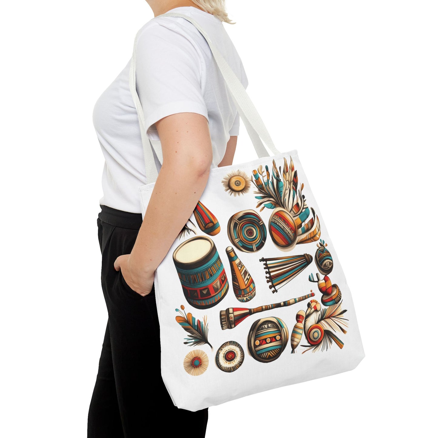 Boho Tribal Music Tote Bag, Ethnic Percussion Instrument Art, Festival Vibes, Shopping Bag, Bohemian Tote, Weekender Bag, Beach Bag, Large Canvas Bag