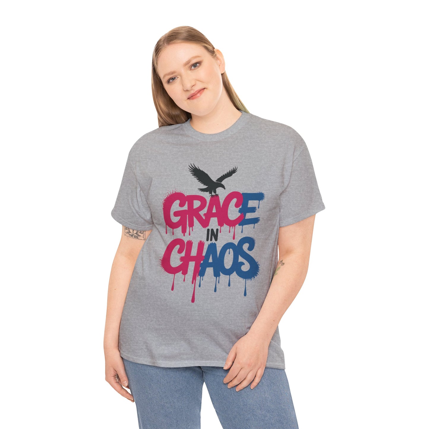 Womens Graffiti T-Shirt, Grace in Chaos Dripping Street Art Tee, Bold Urban Graphic Shirt