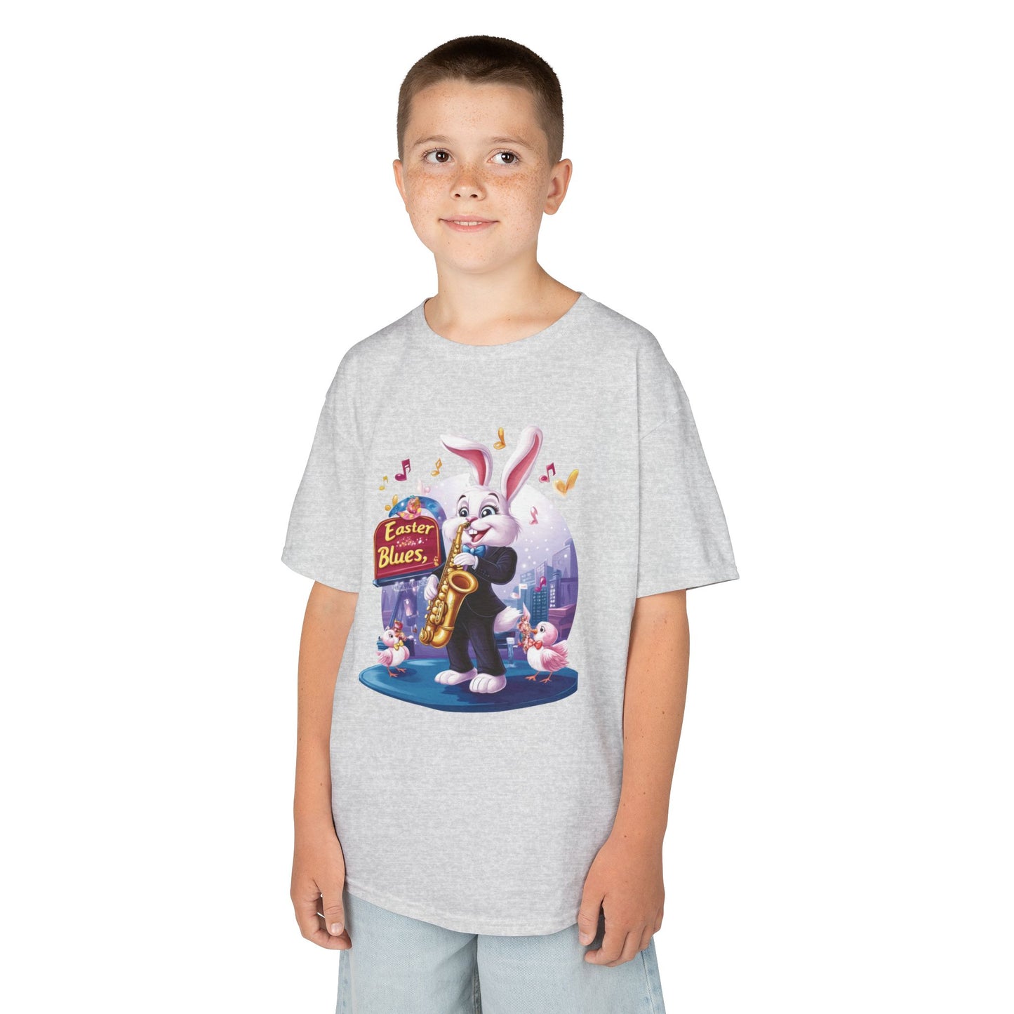 Easter Blues Bunny Kids T-Shirt - Cute Jazz Music Themed Tee for Boys and Girls, Fun Spring Gift, Bunny Playing Saxophone Design