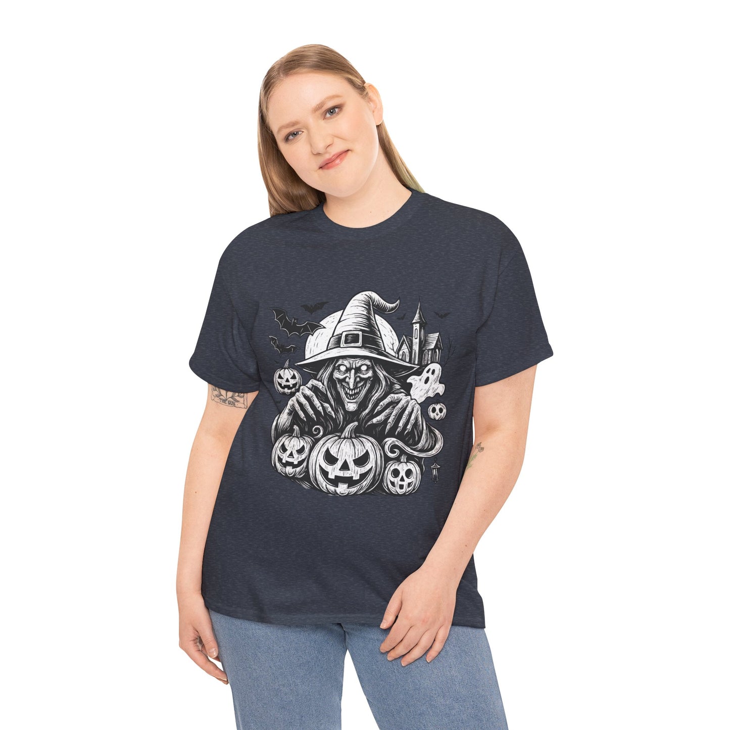Scary Witch Halloween Shirt Women, Gothic Pumpkin Ghost Tee, Spooky Horror Tee with Bats