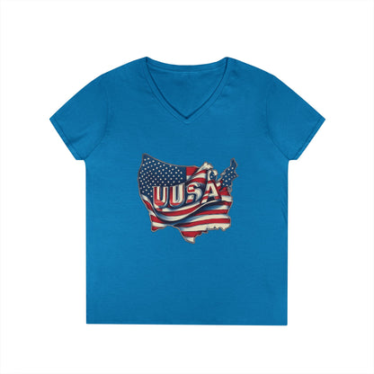 Patriotic Ladies' V-Neck T-Shirt, USA Flag Top, Independence Day Apparel, Women's Casual Wear, Summer T-Shirt, 4th of July Gift
