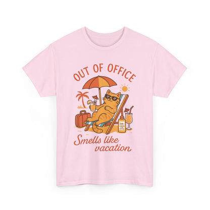 Cat Womens T-Shirt, Funny Vacation Tee with Cool Cat, Summer Beach Relax Shirt, Smells Like Vacation Gift for Her, Funny Cat Lover Gift