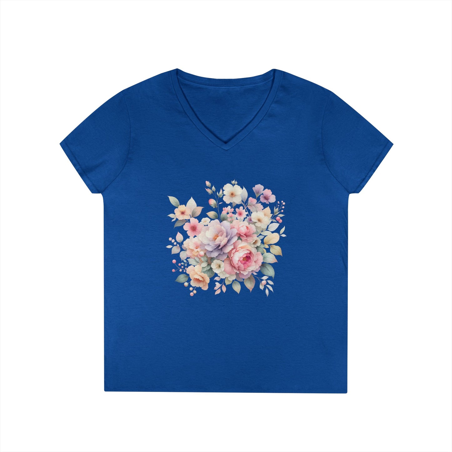 Pastel Floral Bouquet Ladies' V-Neck T-Shirt, Romantic Soft Vintage Flower Tee, Spring Fashion, Gift for Her, Everyday Wear