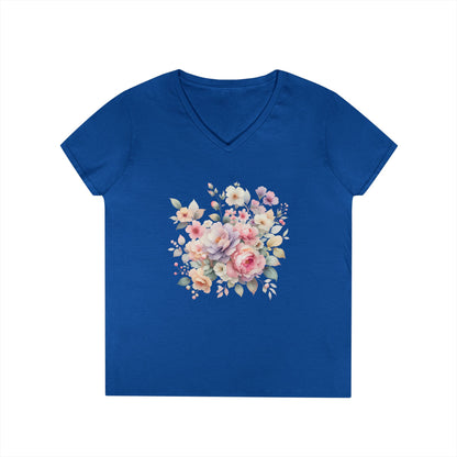 Pastel Floral Bouquet Ladies' V-Neck T-Shirt, Romantic Soft Vintage Flower Tee, Spring Fashion, Gift for Her, Everyday Wear