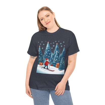 Womens Cute Winter Holiday Graphic Tee, Christmas Skiing T-Shirt, Women's Heavy Cotton Tee
