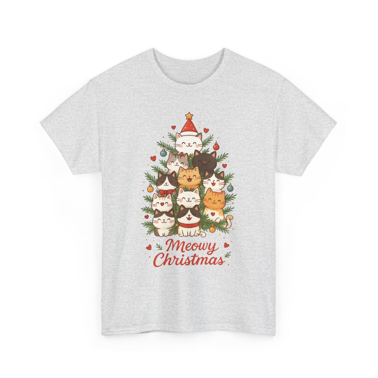 Women's Meowy Christmas Cat T-Shirt, Cute Holiday Kitty Tree Tee