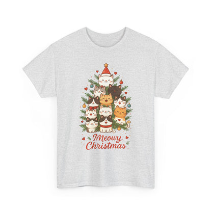 Women's Meowy Christmas Cat T-Shirt, Cute Holiday Kitty Tree Tee