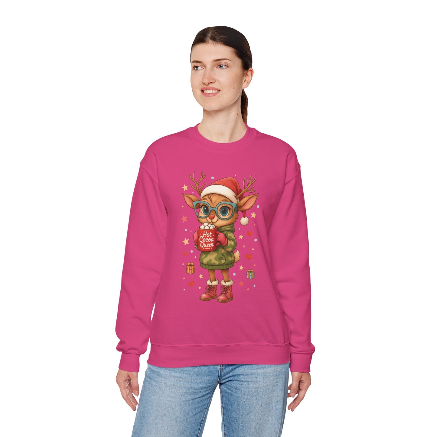 Hot Cocoa Queen Christmas Sweatshirt, Cute Cozy Holiday Reindeer Pullover