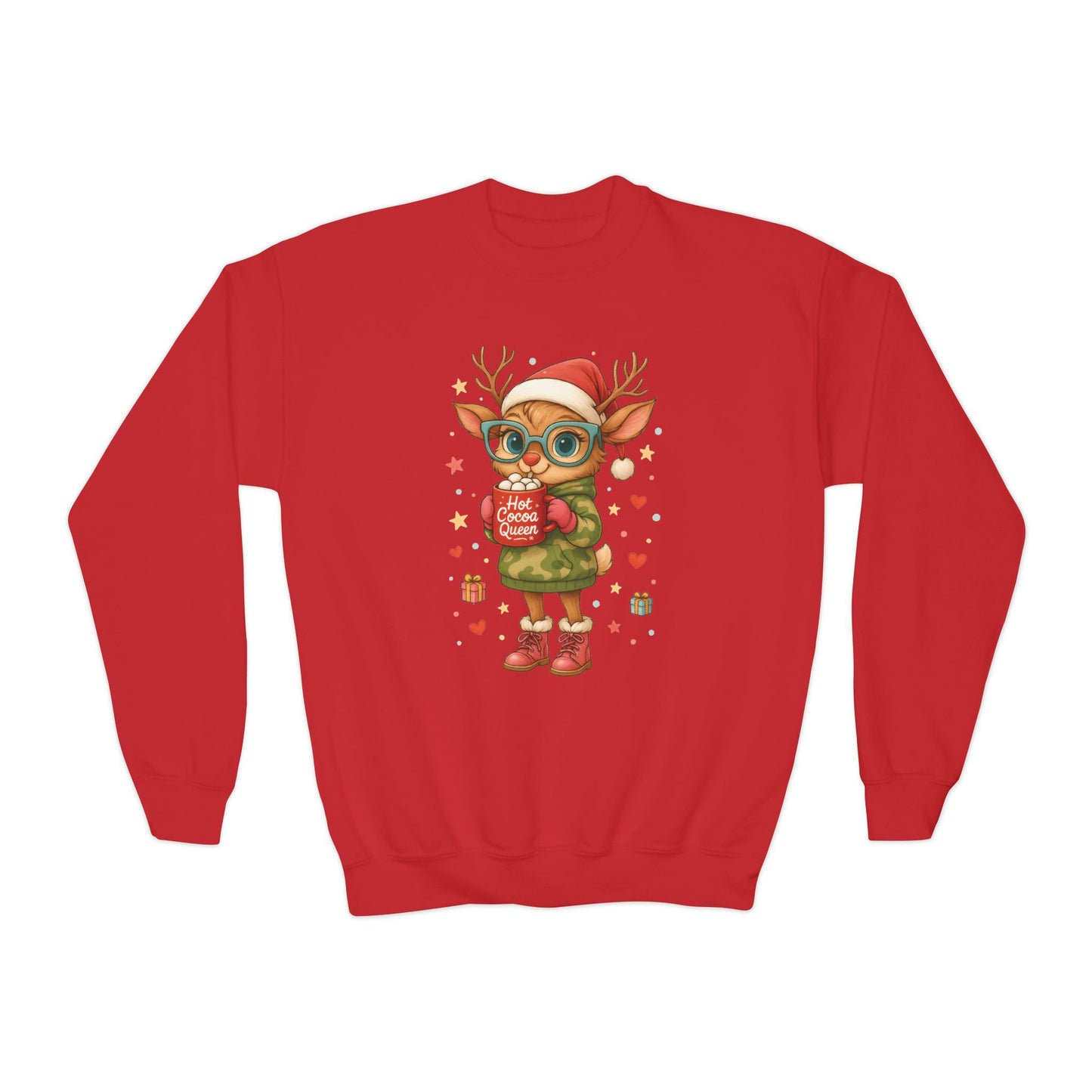 Hot Cocoa Queen Christmas Sweatshirt for Girls, Cute Holiday Reindeer Jumper