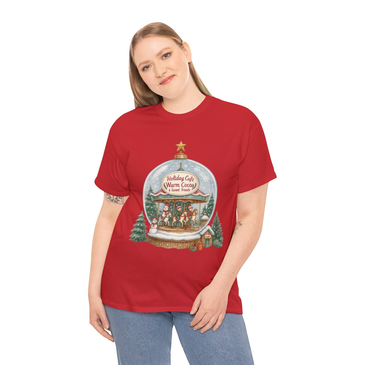 Holiday Café Christmas T-Shirt for Women, Warm Cocoa  Carousel Tee