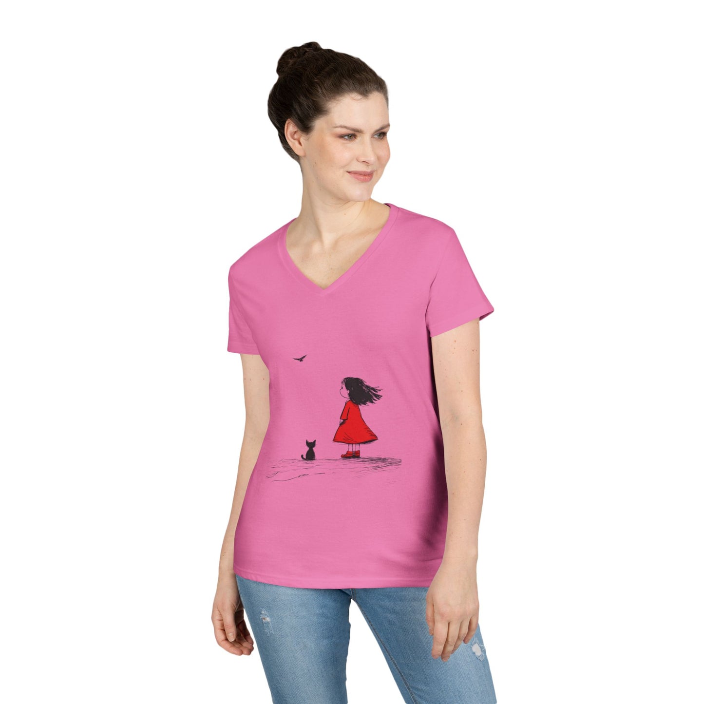 Whimsical V-Neck T-Shirt for Dreamers, Cute Graphic Tee, Animal Lovers Shirt, Stylish Casual Wear, Gifts for Her, Cat Lover T-Shirt