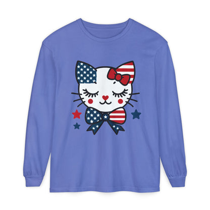 Patriotic Cat Long Sleeve T-Shirt, Women's Tee, Perfect for Fourth of July, Animal Lover Gift, Cozy Casual Wear, Holiday Apparel