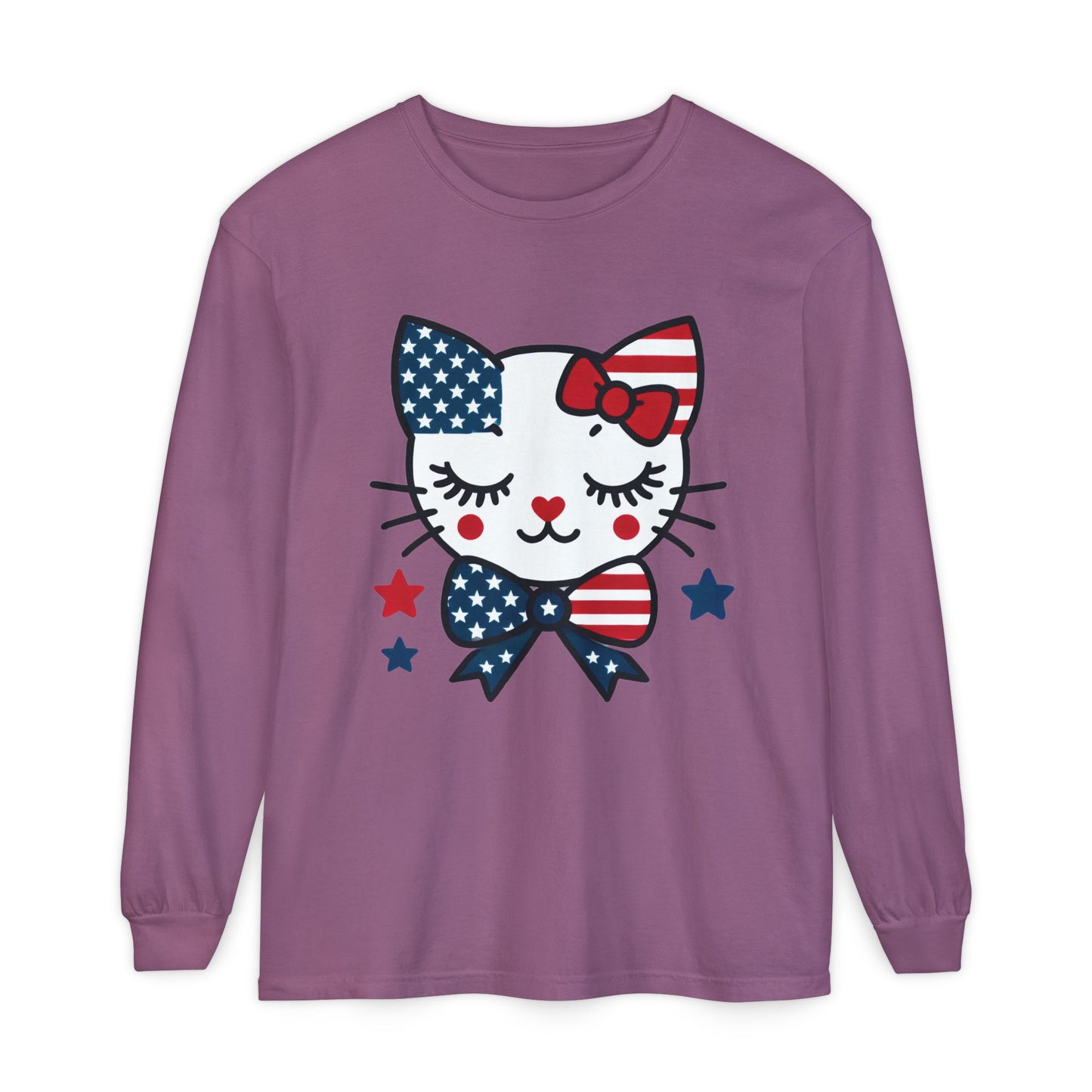Patriotic Cat Long Sleeve T-Shirt, Women's Tee, Perfect for Fourth of July, Animal Lover Gift, Cozy Casual Wear, Holiday Apparel