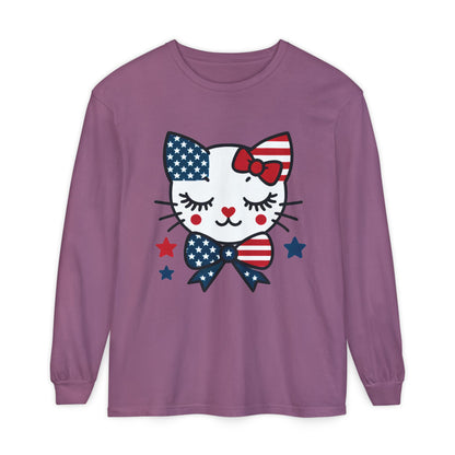 Patriotic Cat Long Sleeve T-Shirt, Women's Tee, Perfect for Fourth of July, Animal Lover Gift, Cozy Casual Wear, Holiday Apparel