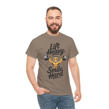 Mens Lift Heavy Smile Hard T-Shirt, Funny Gym Workout Graphic Tee, Mens Gym Tshirt
