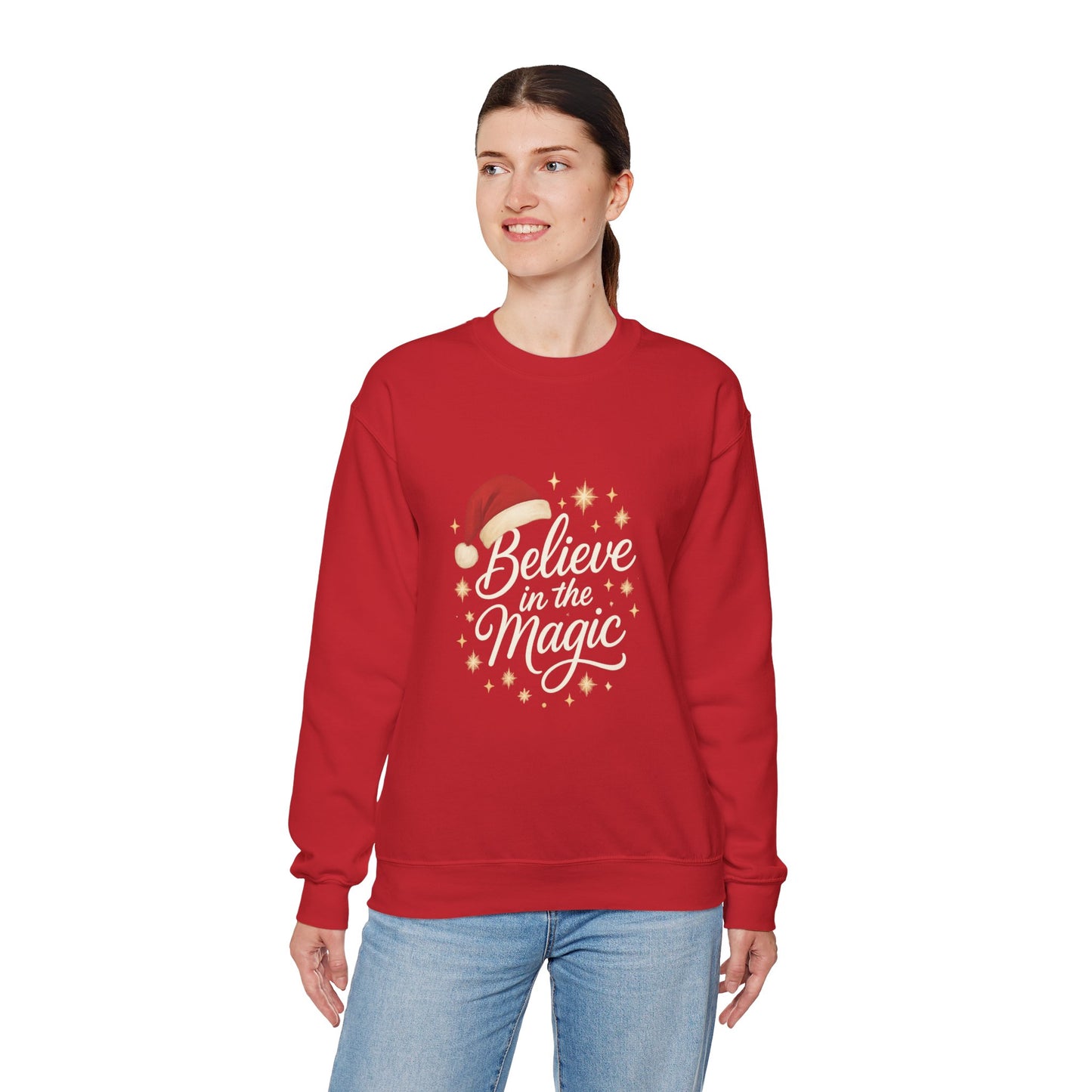 Believe in the Magic Women's Christmas Shirt, Santa Hat Holiday Cozy Sweatshirt, Women's Heavy Blend™ Crewneck Sweatshirt