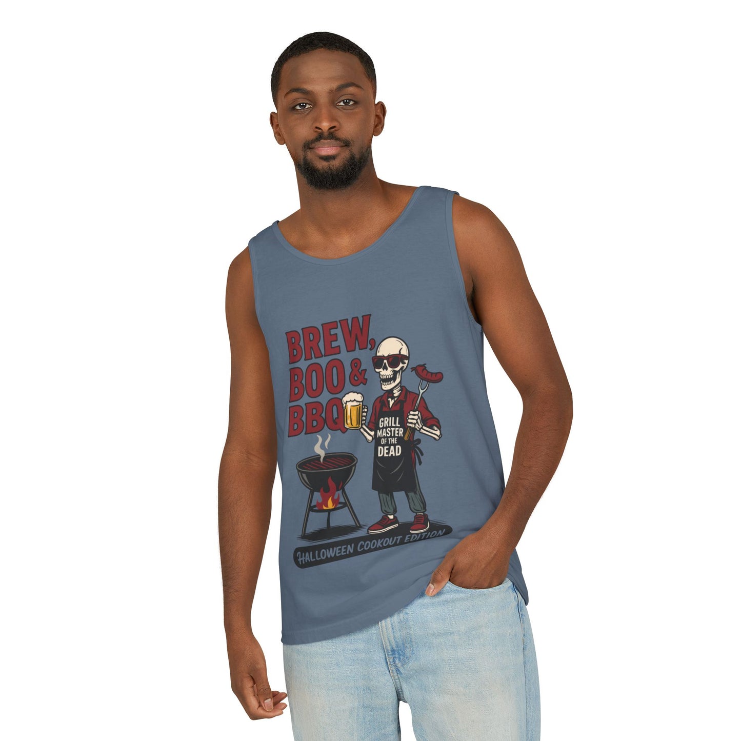 Halloween BBQ Men's Tank Top, Brew Boo & BBQ Skeleton Grill Master, Funny Dad Gift, Grill Master Top, Funny Skeleton Top