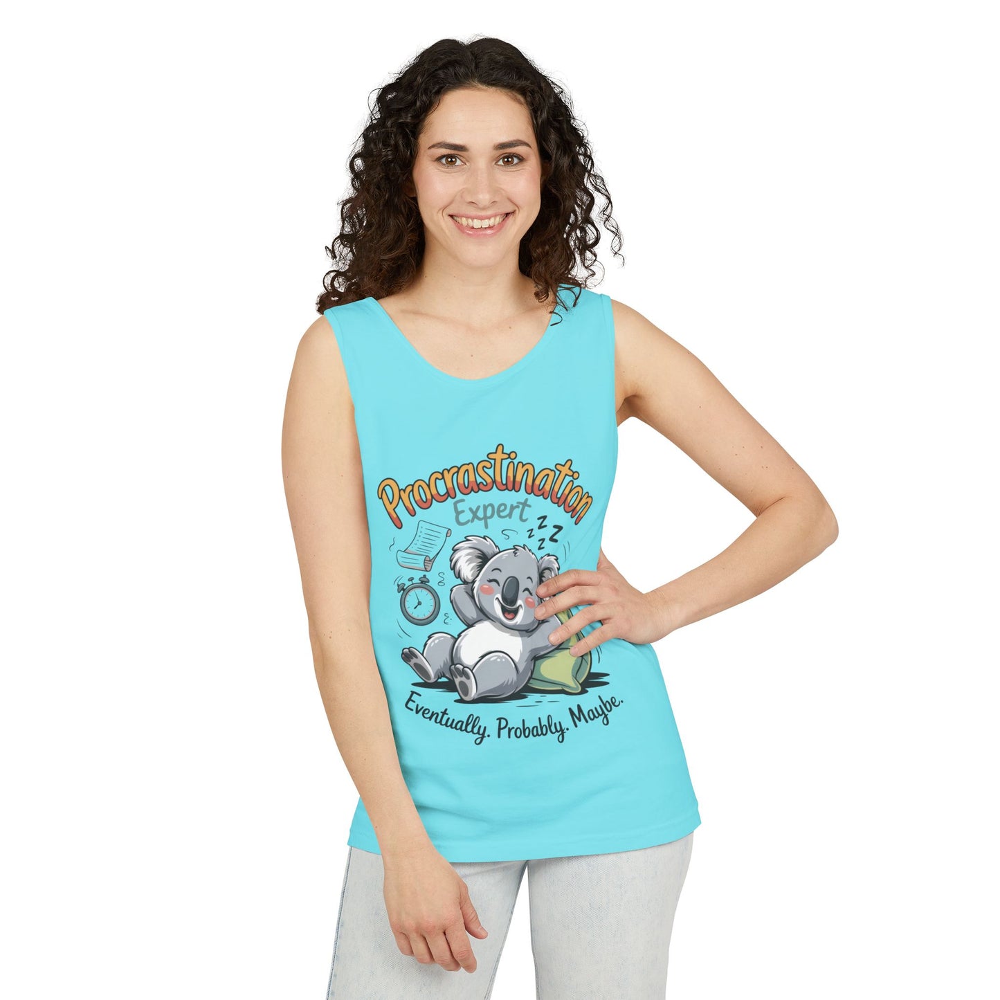 Procrastination Expert Womens Tank Top, Funny Gift for Lazy Days, Relaxed Fit Tee, Casual Summer Wear, Koala Graphic Top, Motivational Apparel