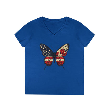 Patriotic Butterfly V-Neck T-Shirt, Summer Style, Gifts for Her, Independence Day, Casual Wear, Nature Lovers