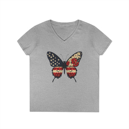 Patriotic Butterfly V-Neck T-Shirt, Summer Style, Gifts for Her, Independence Day, Casual Wear, Nature Lovers