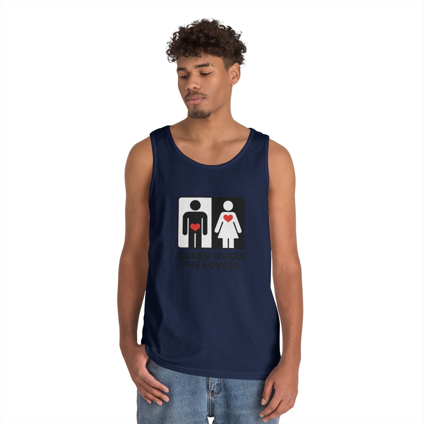Cute Guess Where The Love Is Mens Tank, Couples Gift, Valentines Day Gift, Relationship Humor Shirt, Funny Tank for Him, Bold Love Joke Tank