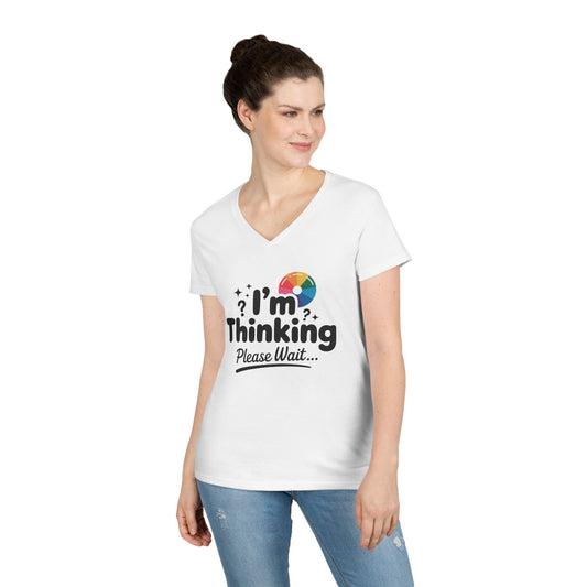 Funny - Im Thinking Please Wait - V-Neck T-Shirt for Women, Cute Geeky Gift for Introverts, Programmers, Designers, Fun Humor Shirt