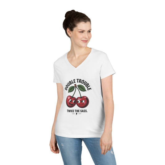Double Trouble Cherry Ladies V-Neck T-Shirt, Funny Cute Womens T-Shirt, Twice the Sass Quote Shirt, Sassy Cherry Cartoon Gift