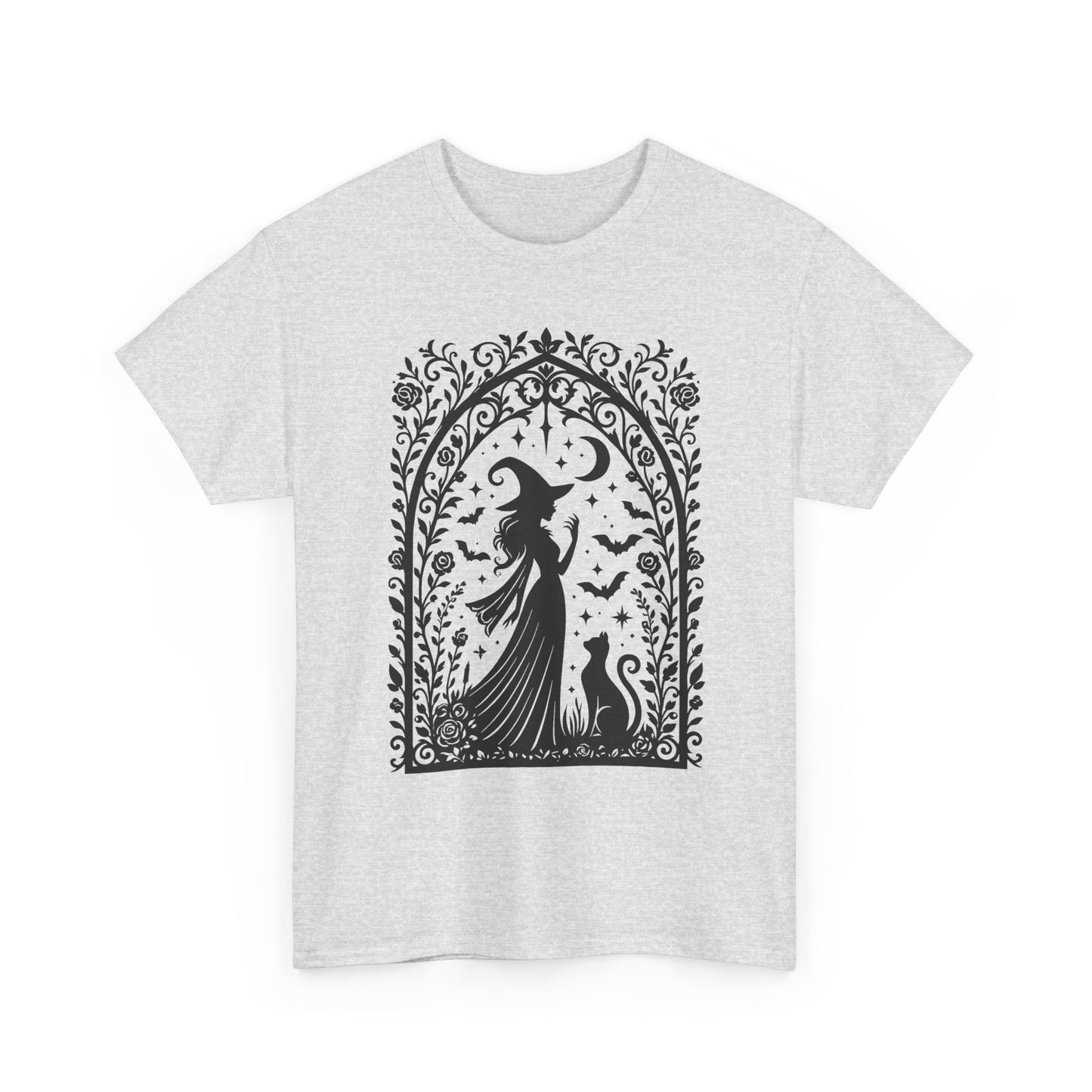 Gothic Witch & Cat Women's T-Shirt, Elegant Halloween Moon Silhouette Witchy Graphic Tee