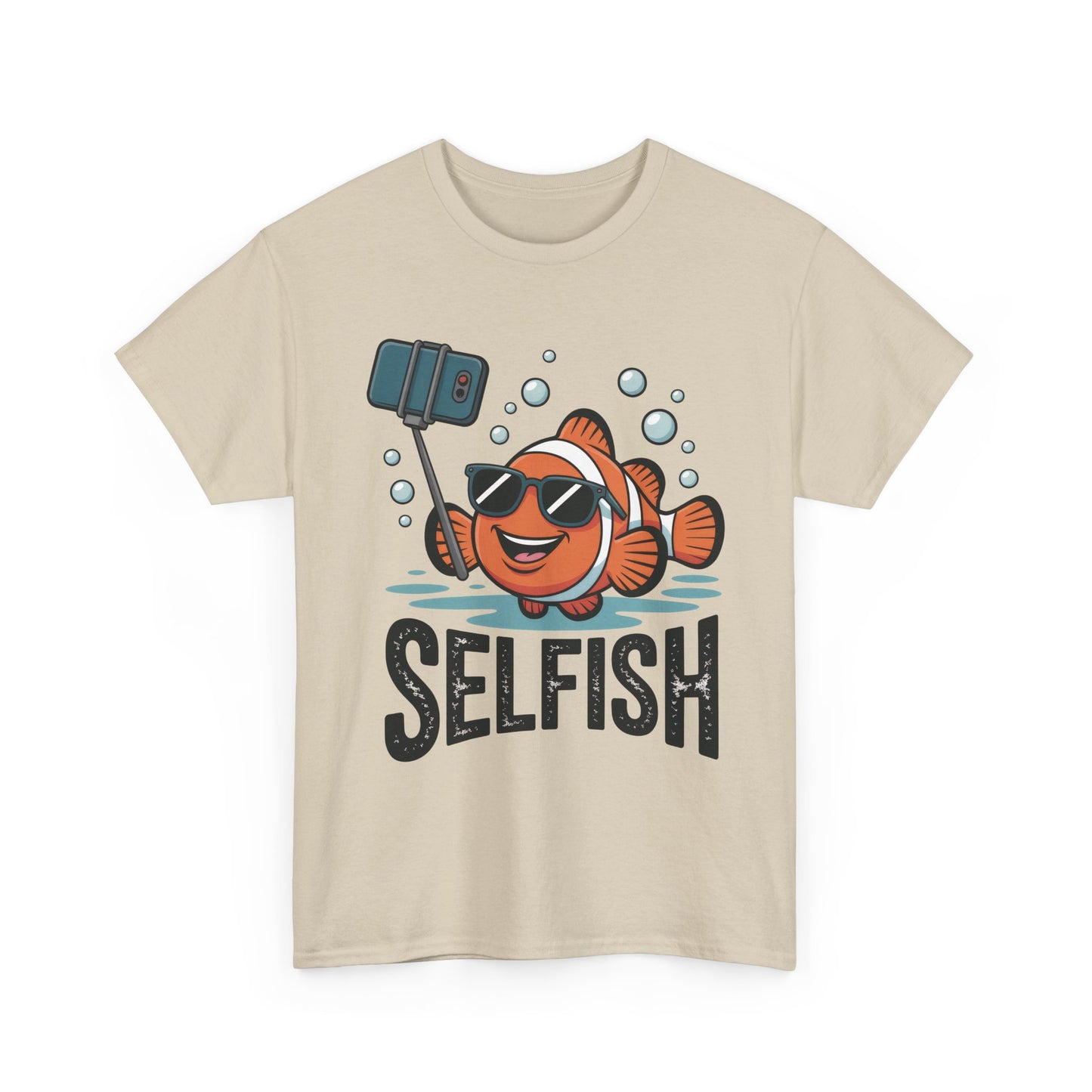 Unisex Heavy Cotton Tee, Mens Selfish Funny Fish T-Shirt, Cute Selfie Graphic Tee, Ocean Humor Shirt