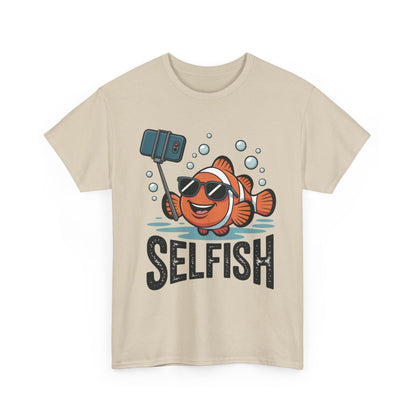 Unisex Heavy Cotton Tee, Mens Selfish Funny Fish T-Shirt, Cute Selfie Graphic Tee, Ocean Humor Shirt