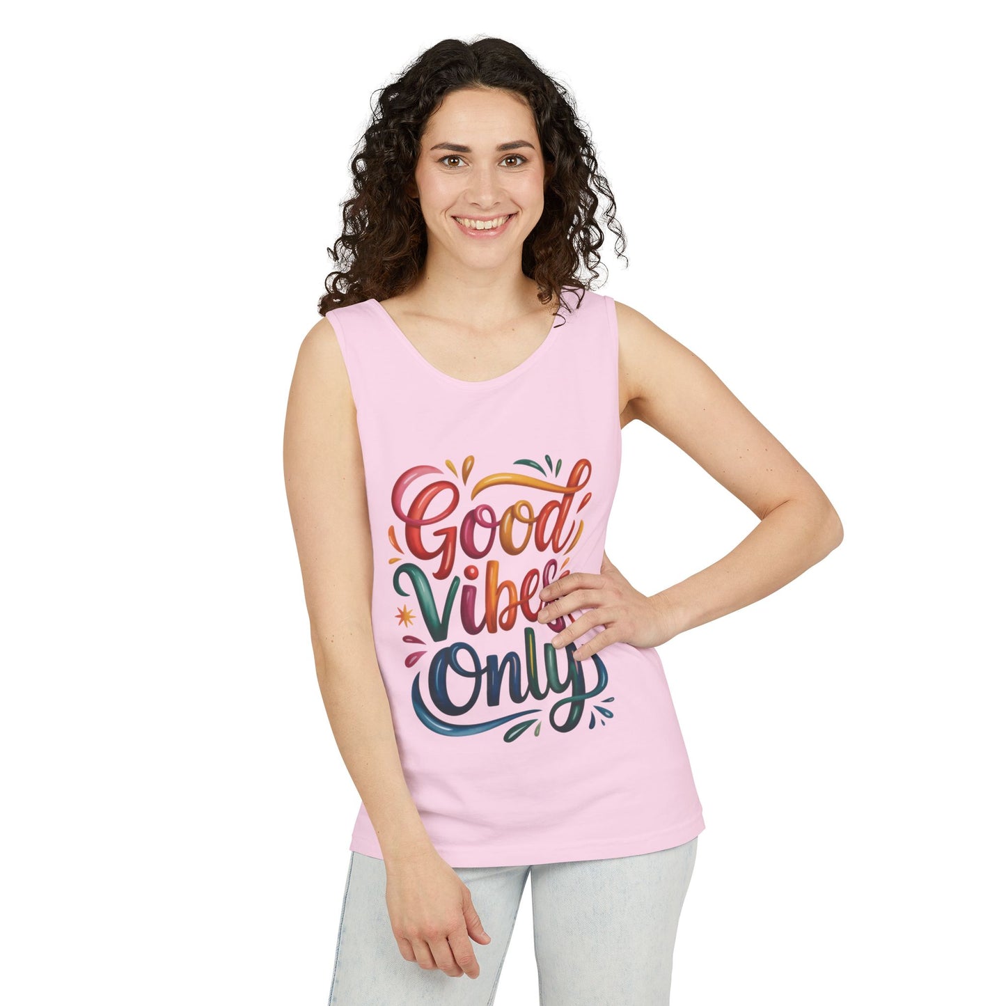 Good Vibes Only Unisex Garment-Dyed Tank Top, Summer Casual Wear, Festival Outfit, Beach Day Tee, Gift for Friends, Positive Vibes Apparel