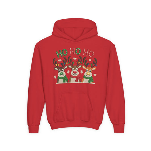 Ho Ho Ho Reindeer Hoodie for Girls, Cute Christmas Holiday Kids Pullover, Youth Hooded Sweatshirt