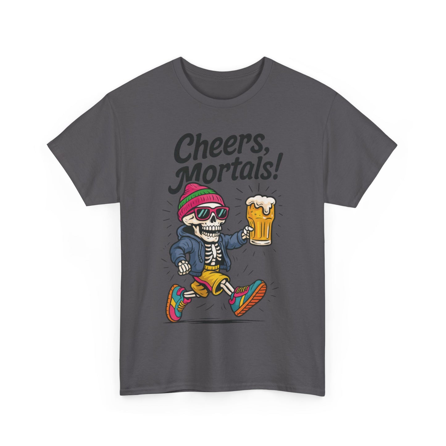 Cheers, Mortals! Mens Tee, Funny Skeleton Beer Graphic Tee, Cool Drinking Humor Shirt, Party Gift for Him, Halloween Tee,  Beer Lovers Gift